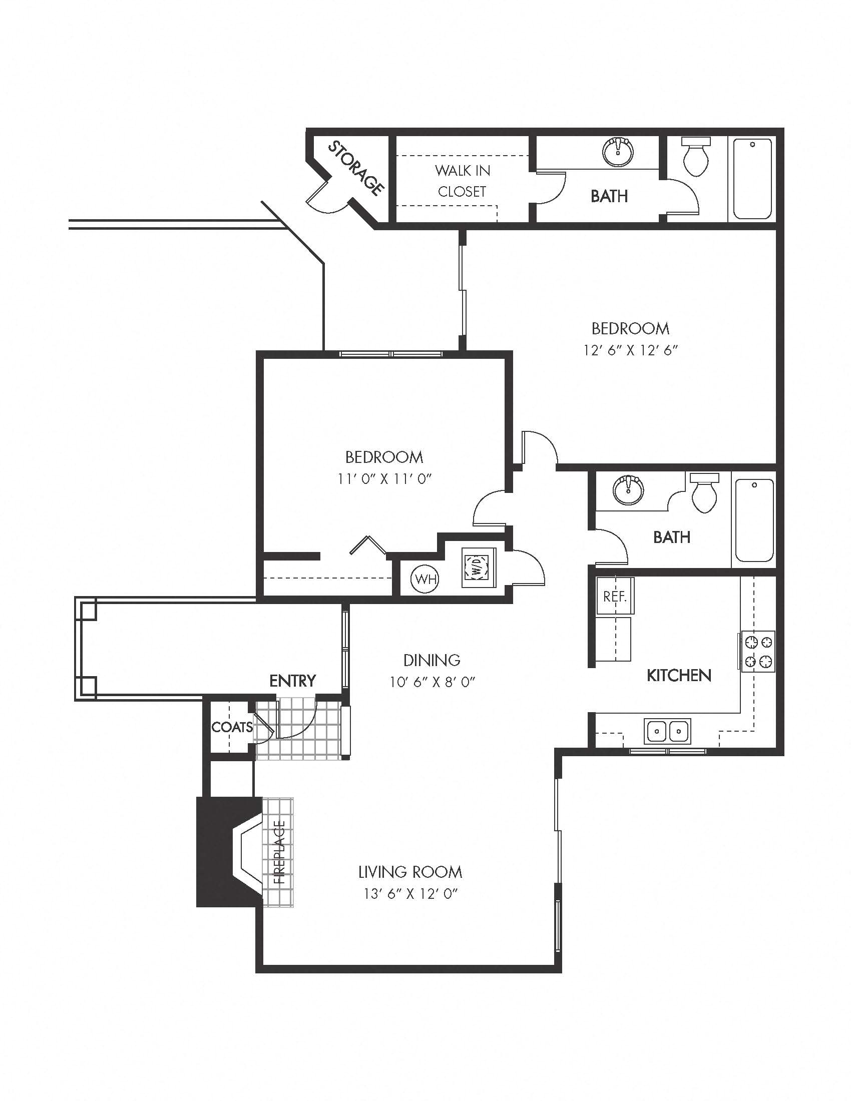Floor plan for 2 beds, 2 baths, 908 sqft